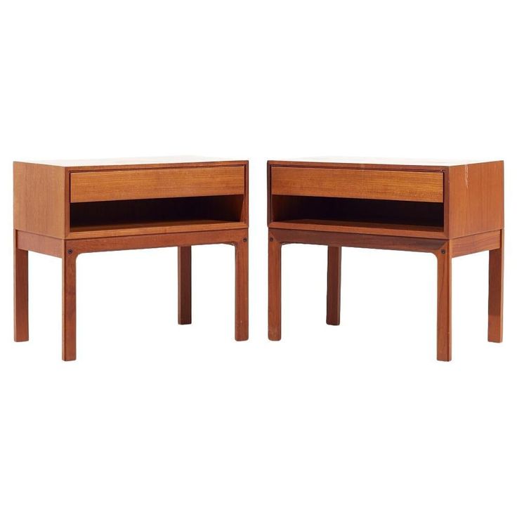 two wooden nightstands with one drawer open and the other closed on both sides, against a white background