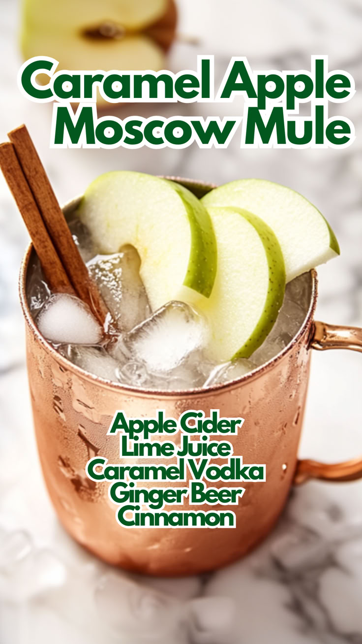 Caramel Apple Moscow Mule Caramel Apple Mule Recipe, Apple Mule Recipe, Football Drinks, Fall Inspired Food, Apple Cider Fall Drinks, Caramel Vodka Drinks Recipes, Fall Mule Drink Recipes, Fall Moscow Mule, Caramel Cocktails