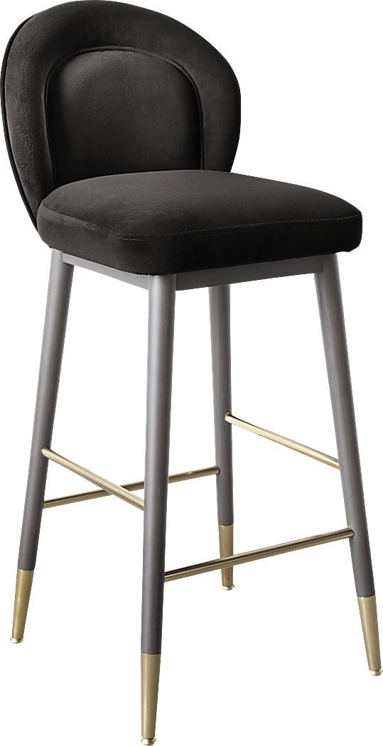 an upholstered bar stool with gold legs and black velvet seat cushion, viewed from the front