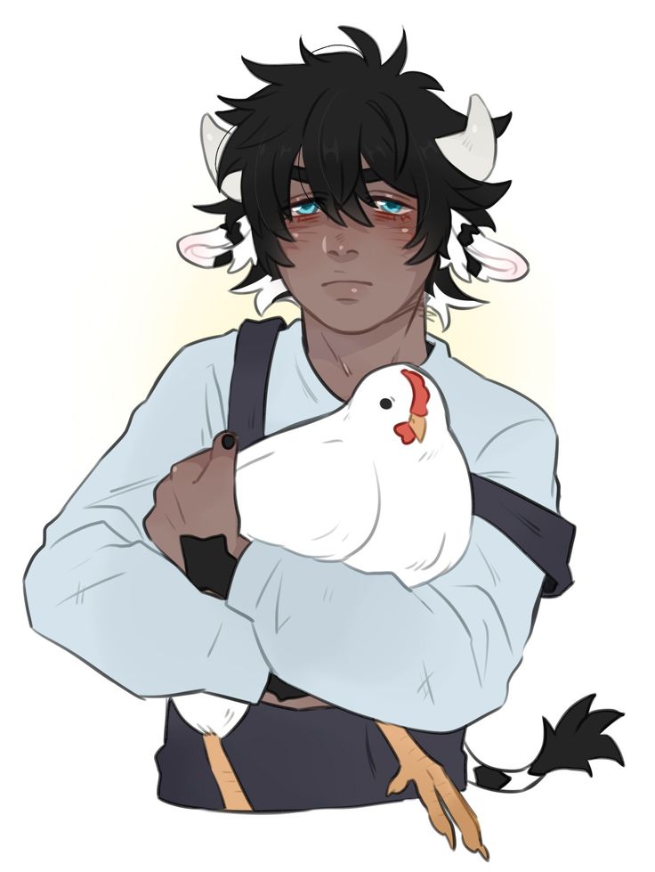 an anime character holding a chicken in his arms