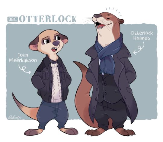 two otters are standing next to each other and one is wearing a coat, the other has a scarf