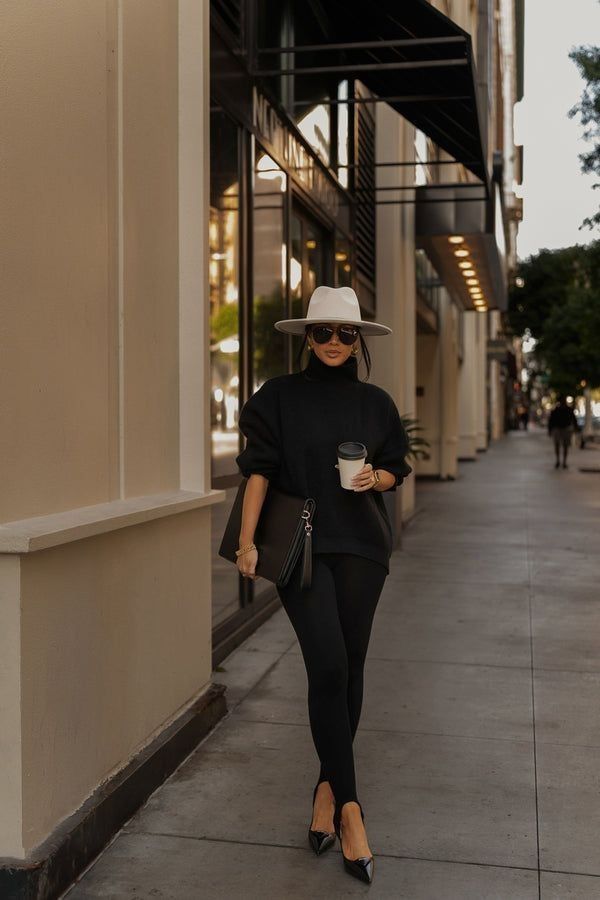 All Black Outfit For Work Chic, Fedora Hat Outfits, Classy Winter Outfits, Drop Sleeve, High Waist Leggings, Classy Casual Outfits, Knit Bodysuit, All Black Outfit, Outfits With Hats