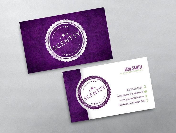 two purple and white business cards with the words scotty on them, sitting next to each other