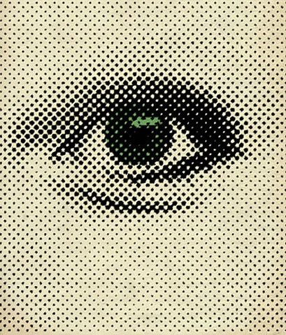 an eye with halftoned dots in the middle and green eyeshade on it