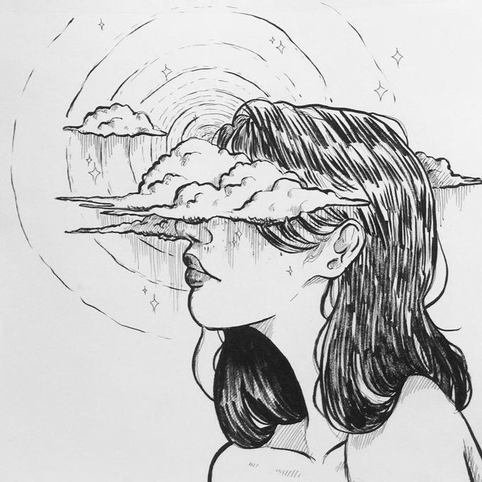 a drawing of a girl looking at the sky with clouds floating over her head and rain falling down on her face