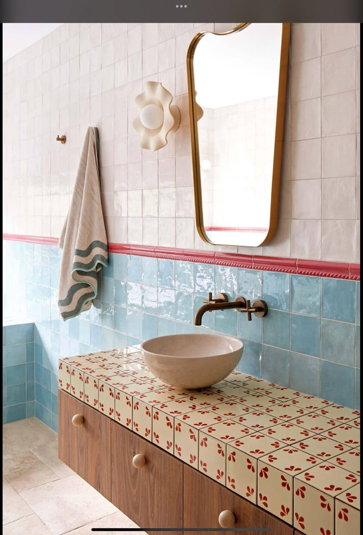 a bathroom sink sitting under a mirror next to a counter