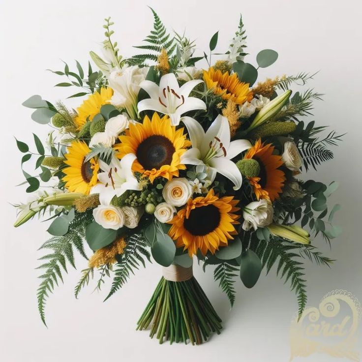 a bouquet of sunflowers, lilies and greenery on a white background