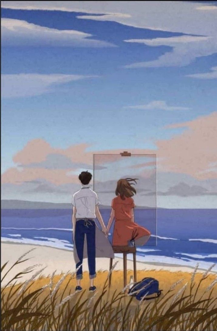 a man and woman standing on top of a beach next to the ocean under a blue cloudy sky