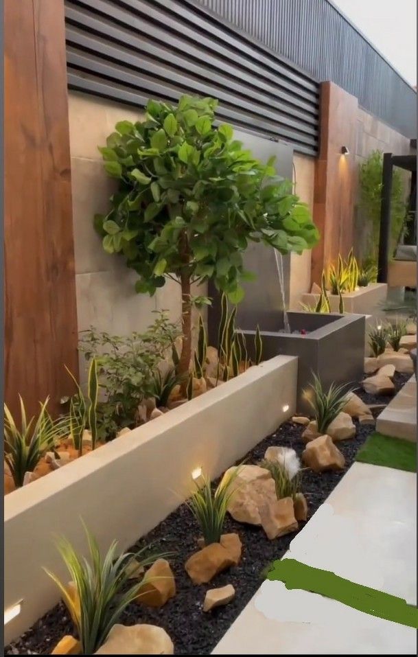 an outdoor garden with plants and rocks