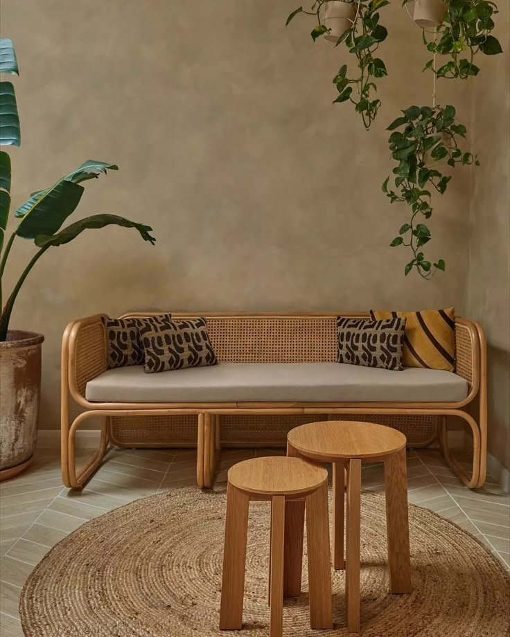 a couch and two stools in a room with potted plants on the wall