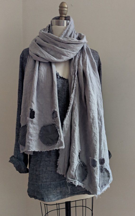 New Design 100% Linen 'Cairns' holes & dots Scarf | Etsy Wabi Sabi Clothing Style, Linen Scarf Diy, Shawls And Wraps How To Wear, Frankie Clothing, Distressed Clothes, Distressed Outfit, Strega Fashion, Sturgeon Bay, Patchwork Scarf