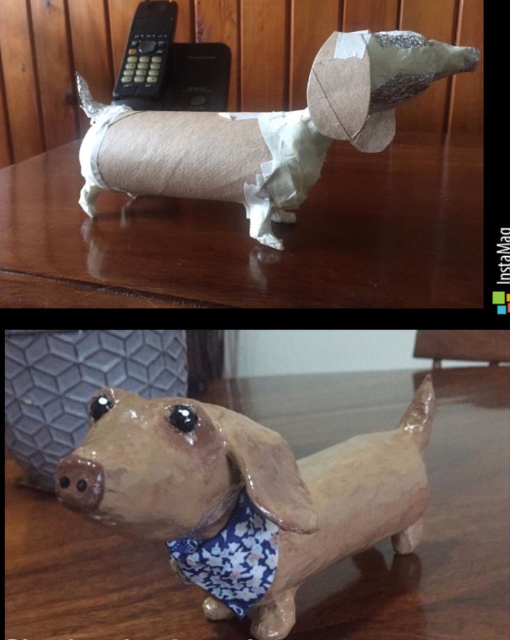 two pictures of a dog made out of toilet paper on top of a wooden table