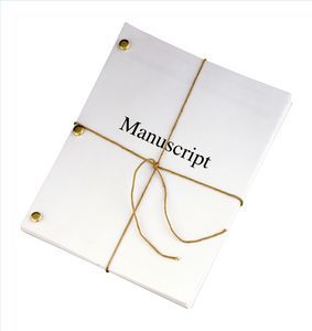 a book with the word manuscript tied up to it's cover, and an image of