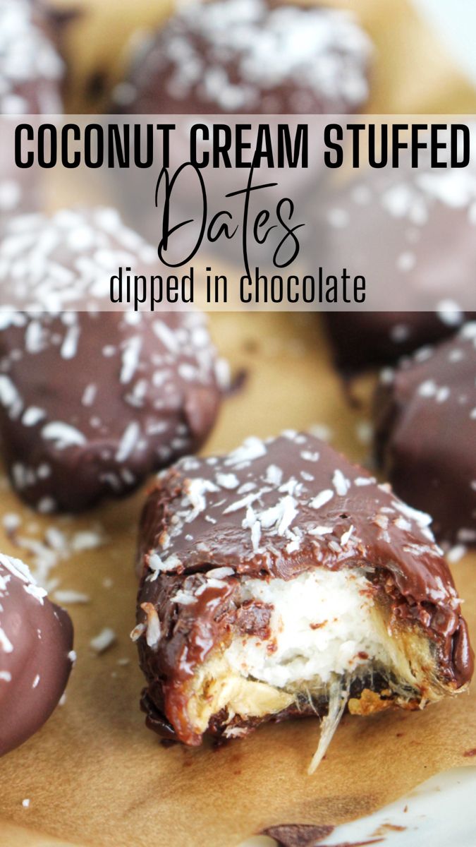 coconut cream stuffed dates dipped in chocolate on a cutting board with text overlay that reads, coconut cream stuffed dates dipped in chocolate