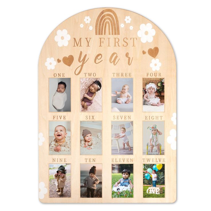 a wooden photo frame with the words my first year printed on it and pictures of babies