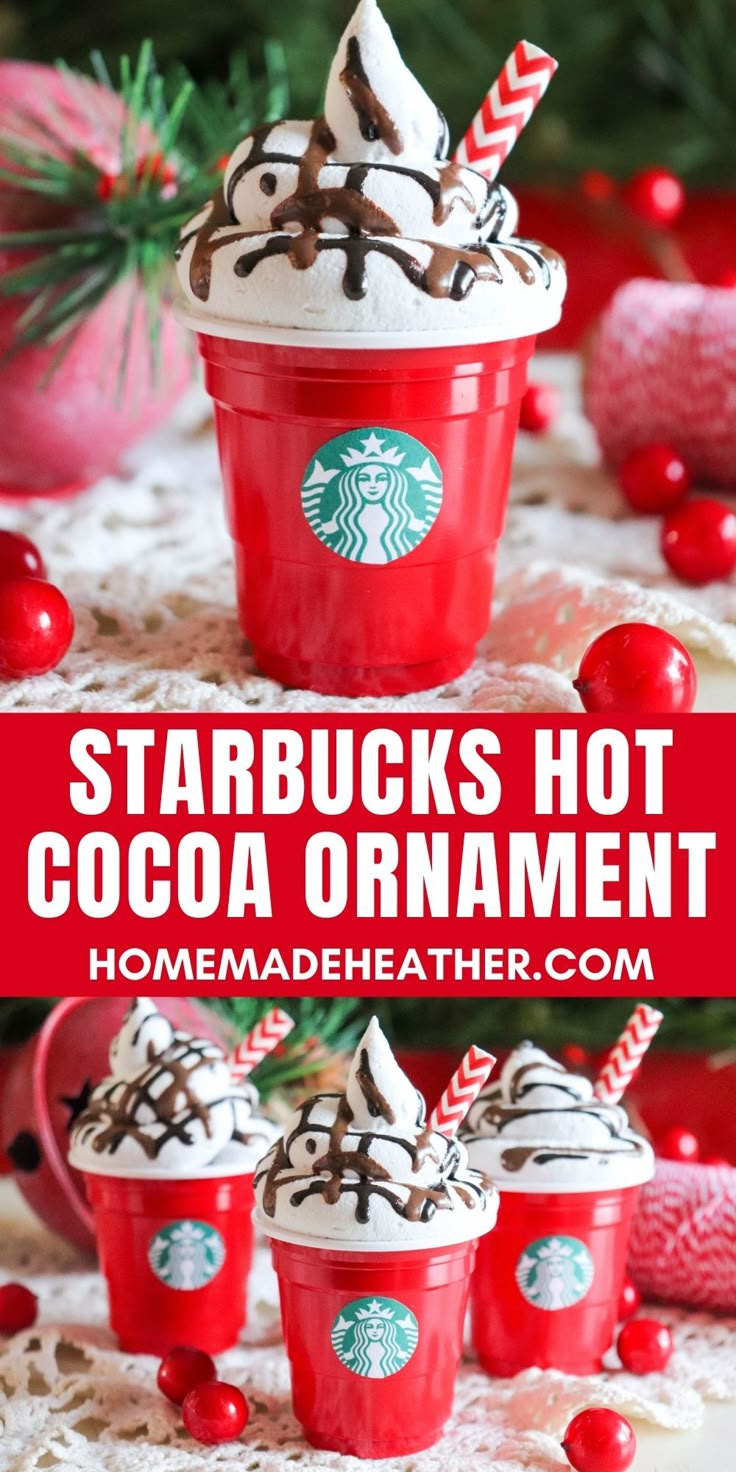 starbucks hot cocoa ornament in red cups with candy canes