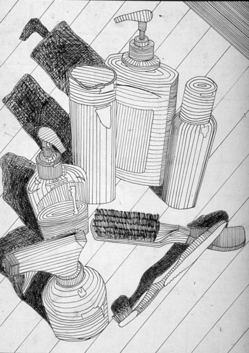 a pencil drawing of bathroom items on the floor