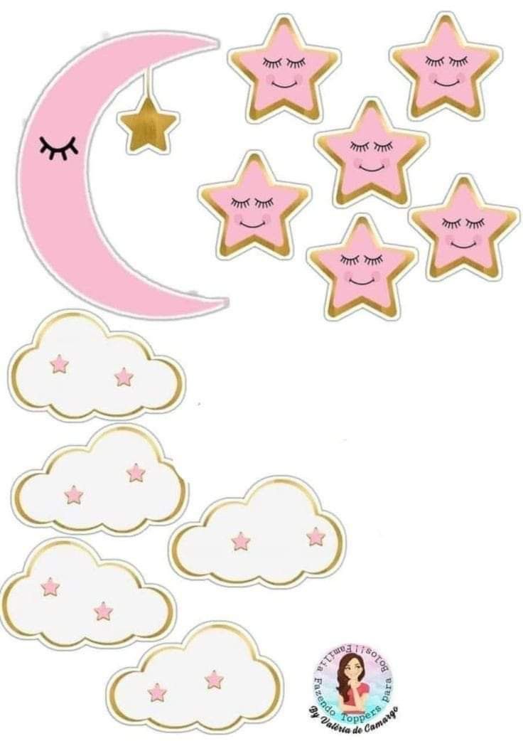 some pink stars and clouds are in the sky with a crescent, moon and cloud