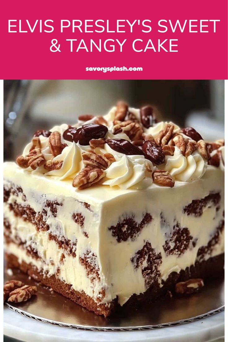 a close up of a cake on a plate with the words elvis presley's sweet and tangy cake