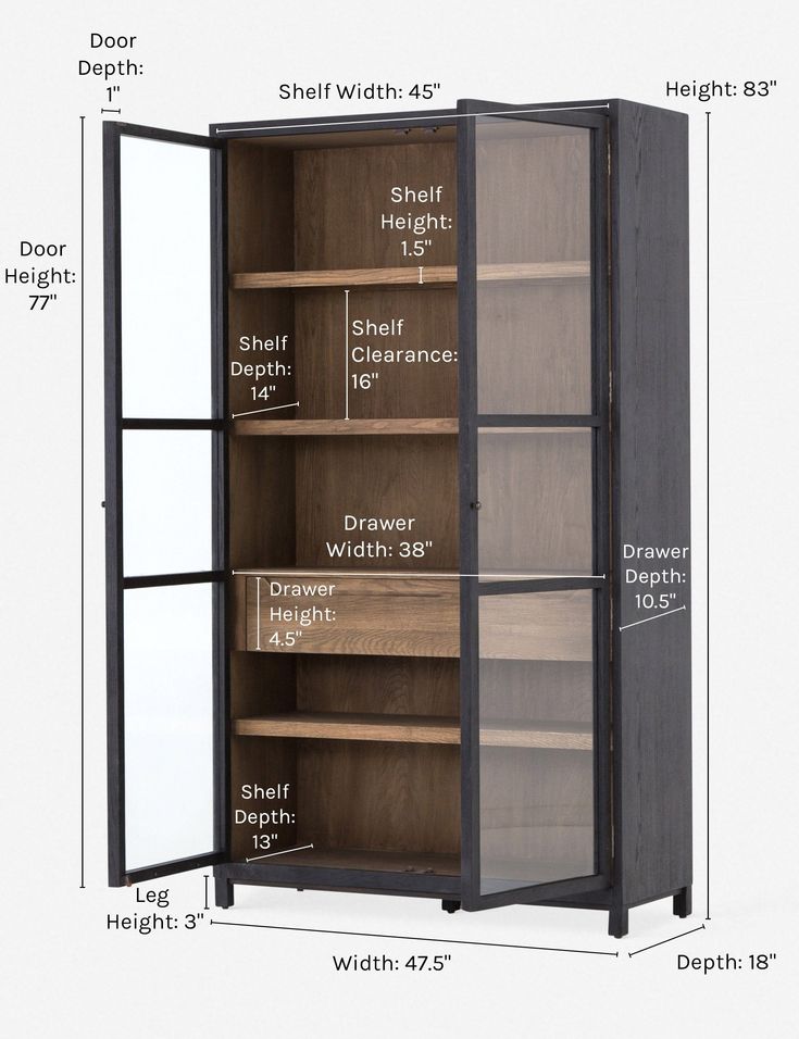 an open bookcase with measurements for the doors and shelves on each side is shown