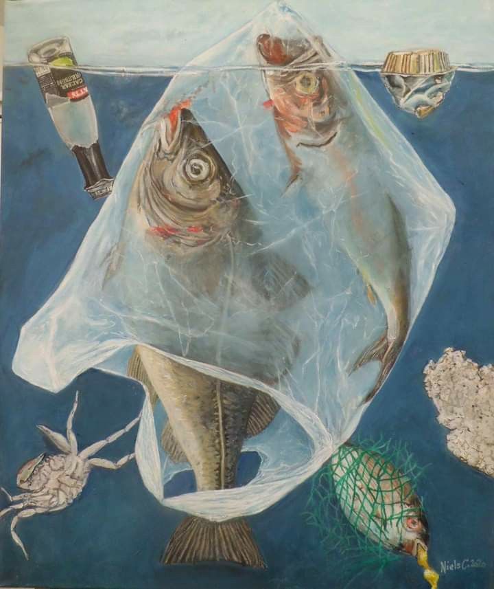 a painting of fish in a plastic bag