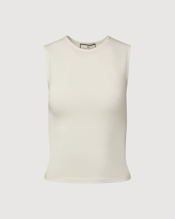 White Solid Fitted Sleeveless Muscle Tee, Fitted Sleeveless Muscle Tee, Fitted Summer Muscle Tee Tank, Fitted Crew Neck Tank Top For Everyday, Fitted Summer Tank Muscle Tee, Fitted Tank Muscle Tee For Summer, Classic Stretch Tank Top For Spring, White Sleeveless Elastane Tank Top, Spring High Neck Fitted Tank Top