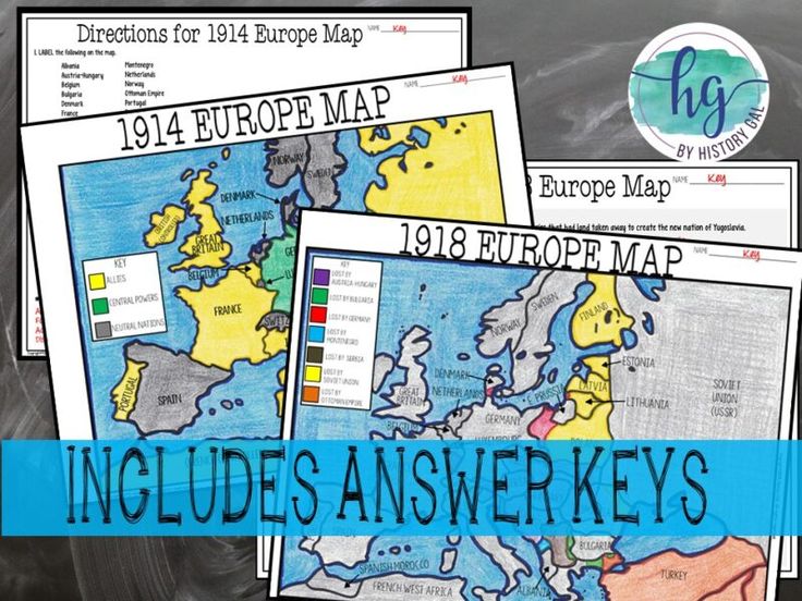 four maps with the text, includes answers and key points for europe map in blue