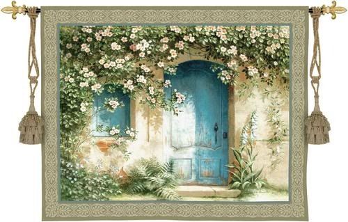 a blue door with flowers on it and a green curtain hanging from the wall above