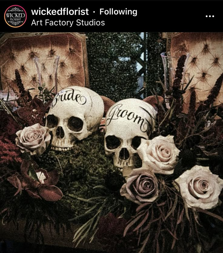 two skulls are sitting on top of some flowers and plants with the words bride and groom written on them