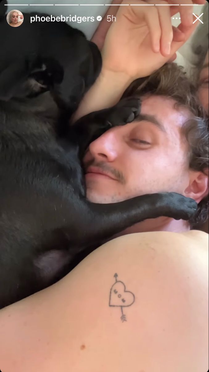 a man laying on top of a bed with a black dog next to his face