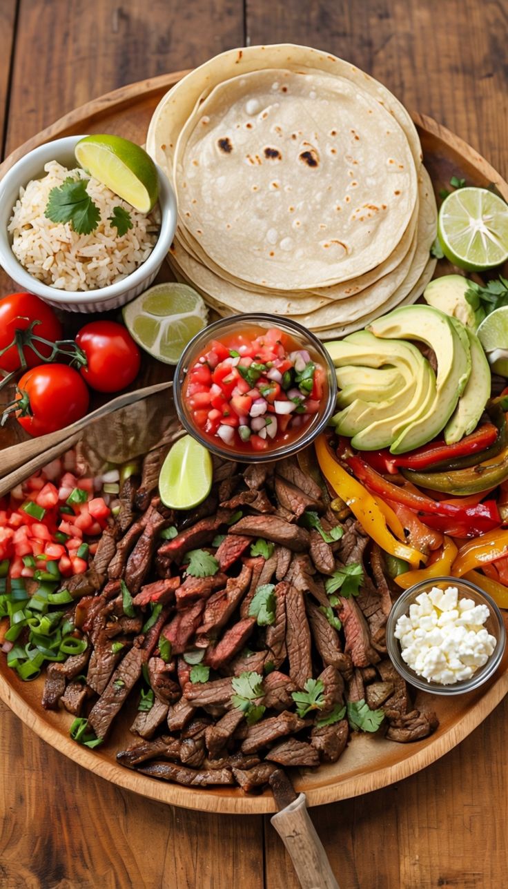 an assortment of mexican food on a wooden platter