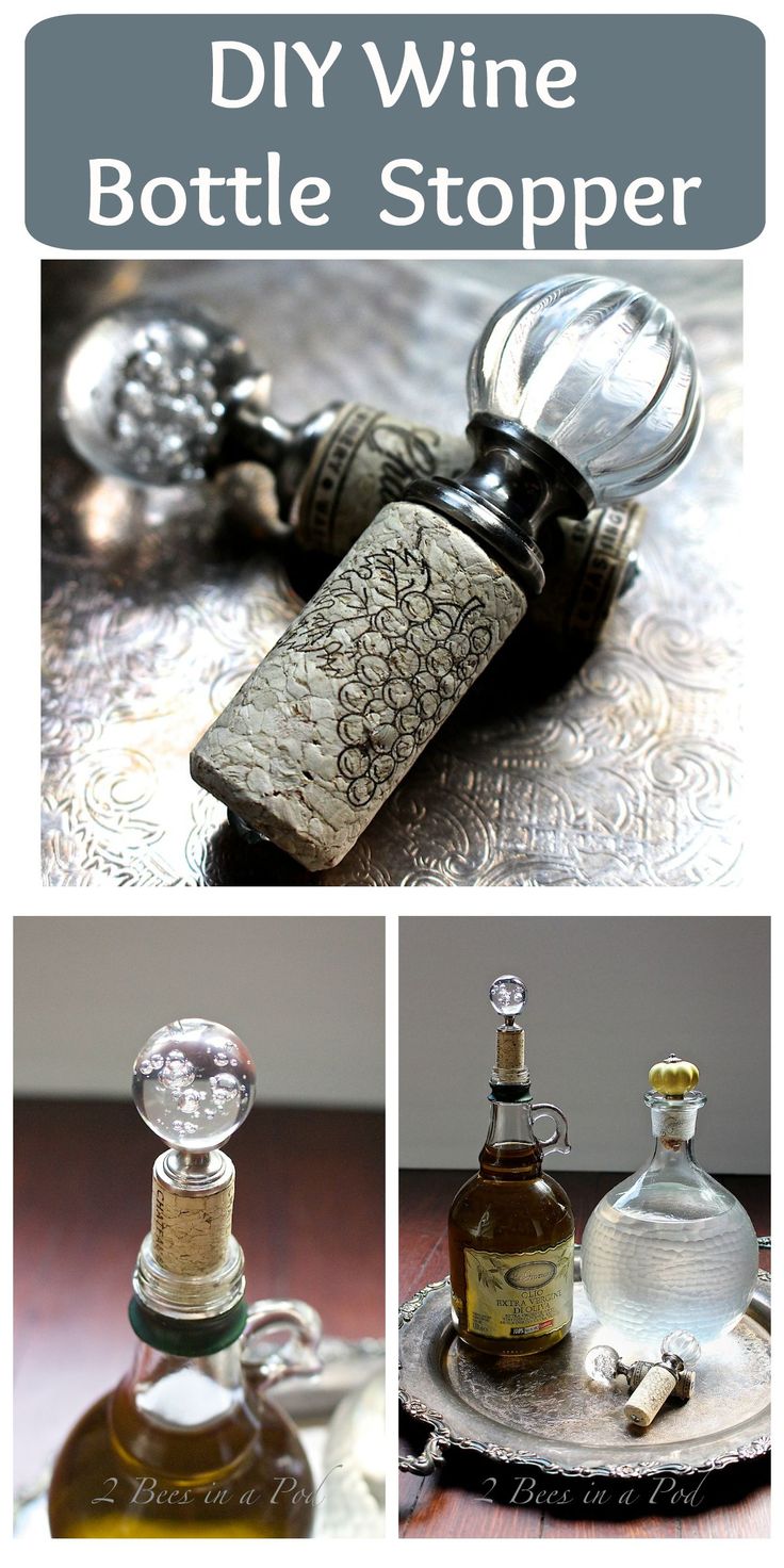 three different shots of wine bottles with the words diy wine bottle stopper