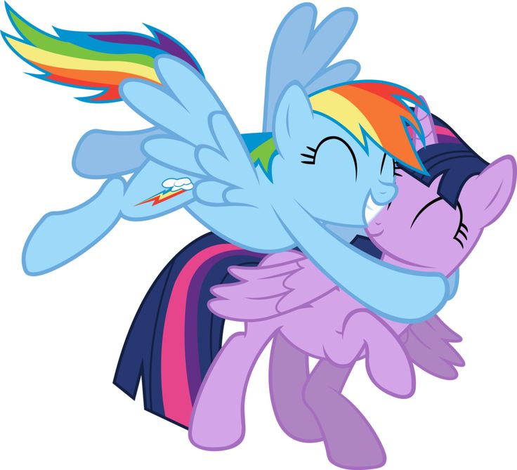 an image of a pony hugging another pony with rainbows on its face and tail