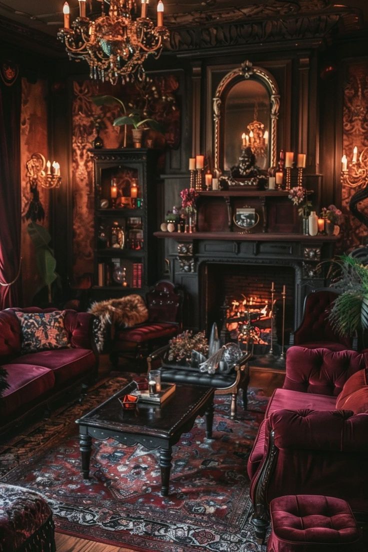 a living room filled with furniture and a fire place in the middle of the room