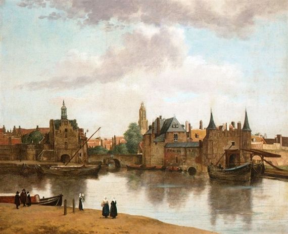 a painting of people standing on the shore next to a body of water with boats and buildings in the background