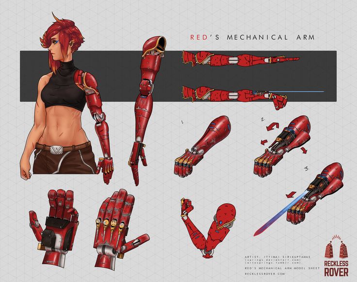 red's mechanical arm is shown in various positions and sizes, including the hands