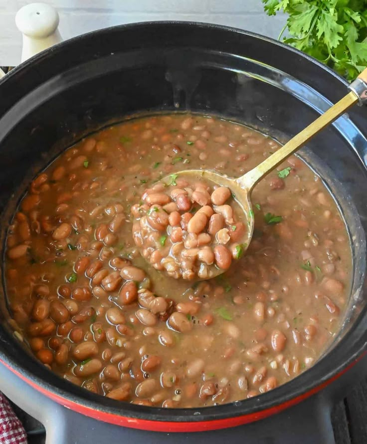 a spoon full of beans in a pot