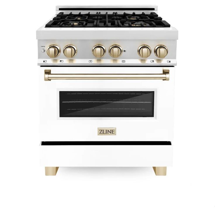 a white stove with two burners and gold knobs on the front, against a white background