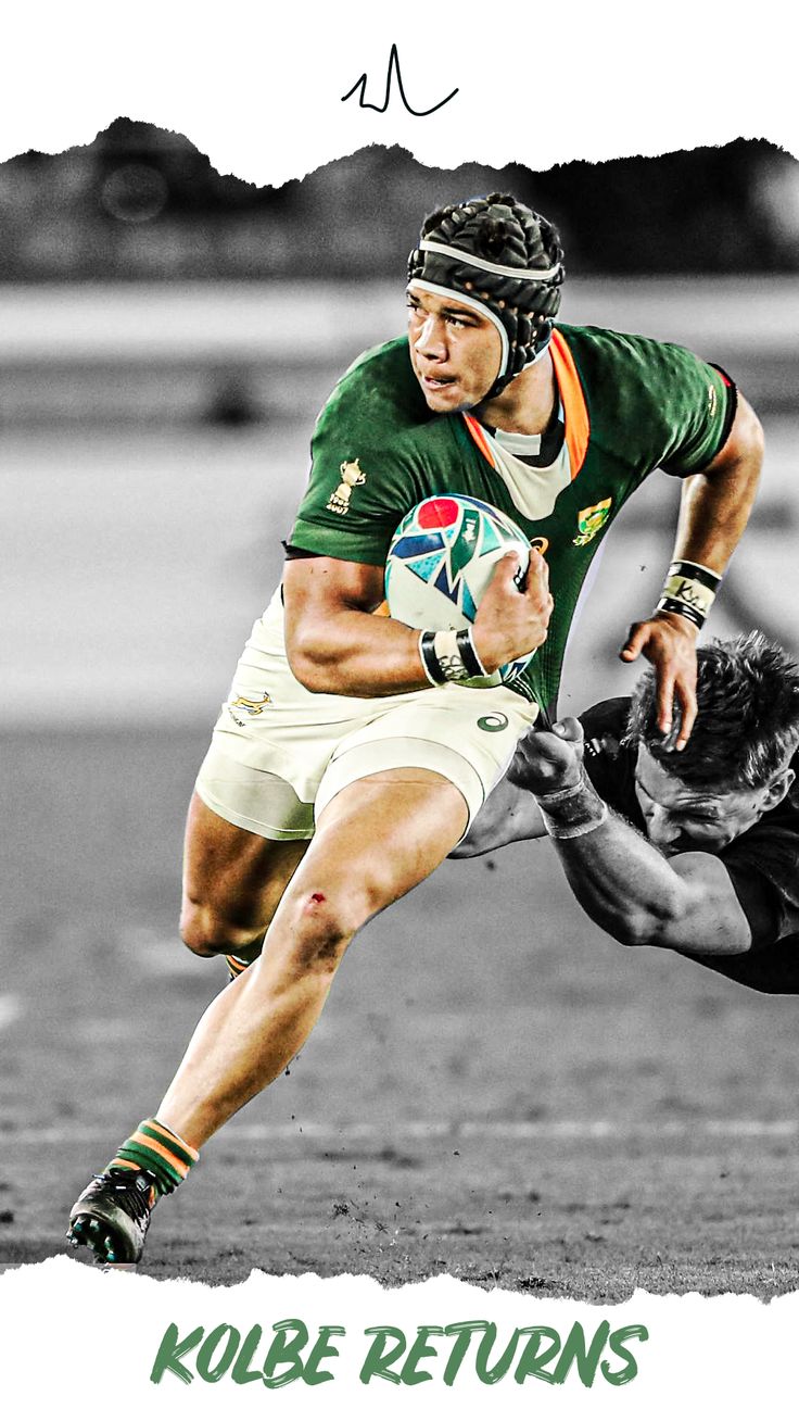 an image of a rugby player running with the ball in his hand and another man holding the ball behind him