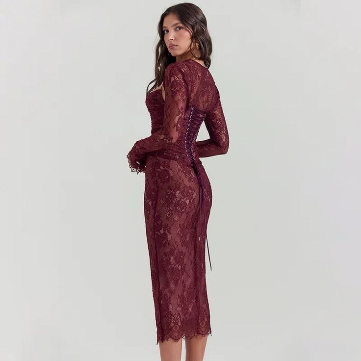 Red Lace Bodycon Long Sleeve Midi Dress Evening Party Outfit, Lace Bodycon, Lace Bodycon Dress, Sleeve Midi Dress, Chic Sundress, Lace Midi Dress, Long Sleeve Midi, Long Sleeve Midi Dress, Red Lace