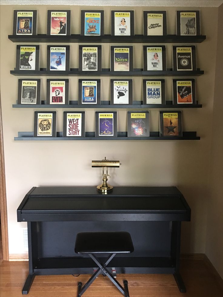 there is a desk and some books on the wall