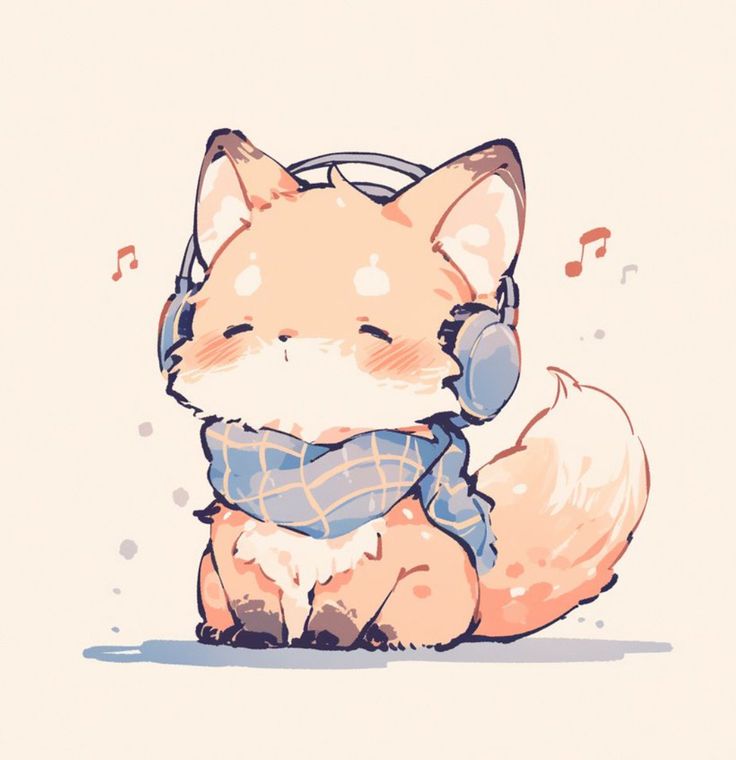 a drawing of a fox with headphones on and ear phones in his ears, sitting down