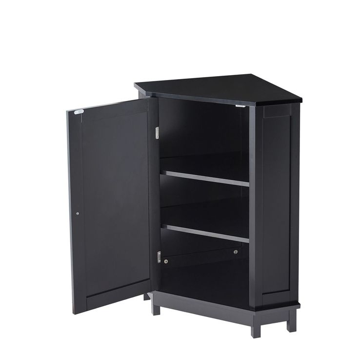 a black cabinet with two shelves and one door open