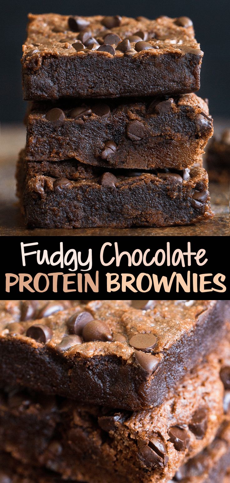 chocolate protein brownies stacked on top of each other