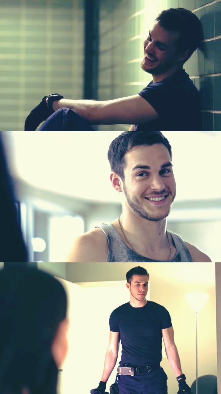 three different shots of a man smiling and looking at his reflection in the mirror,