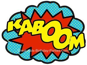 kaboom birthday card with the word kaboom in yellow, blue and red