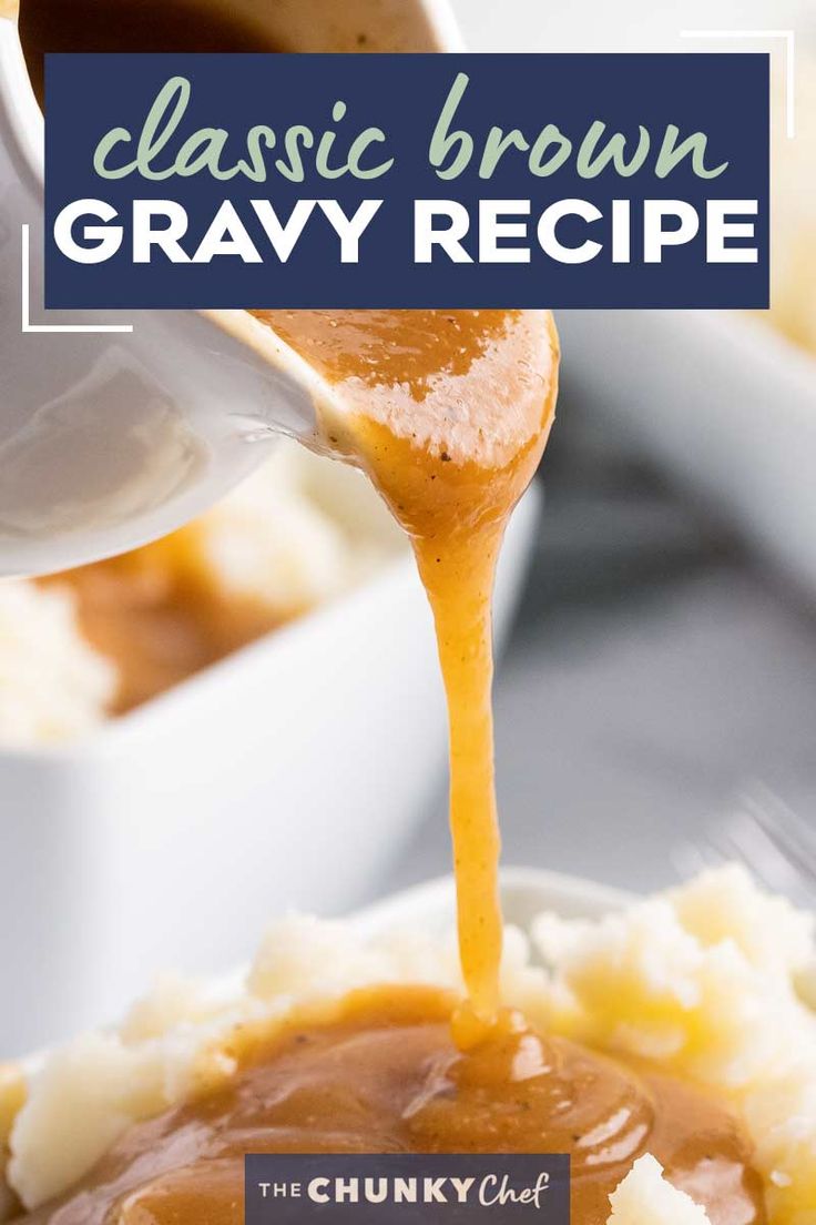 the gravy is being drizzled on top of mashed potatoes