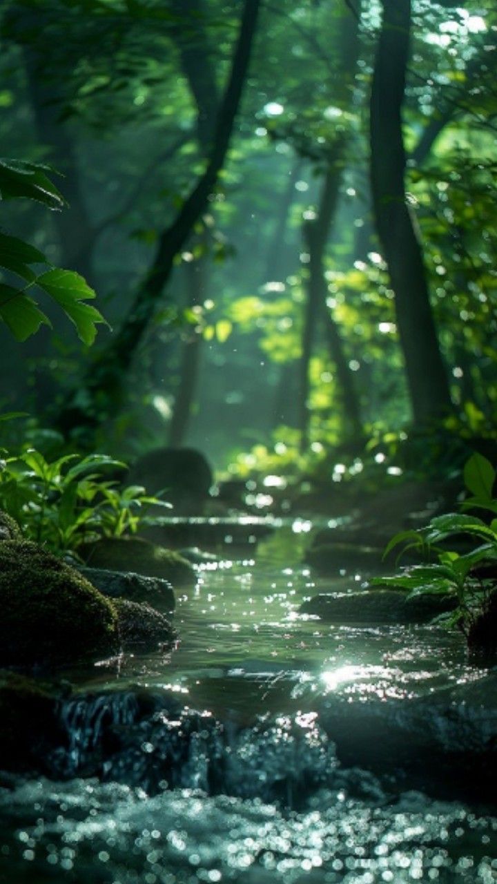 a stream running through a lush green forest