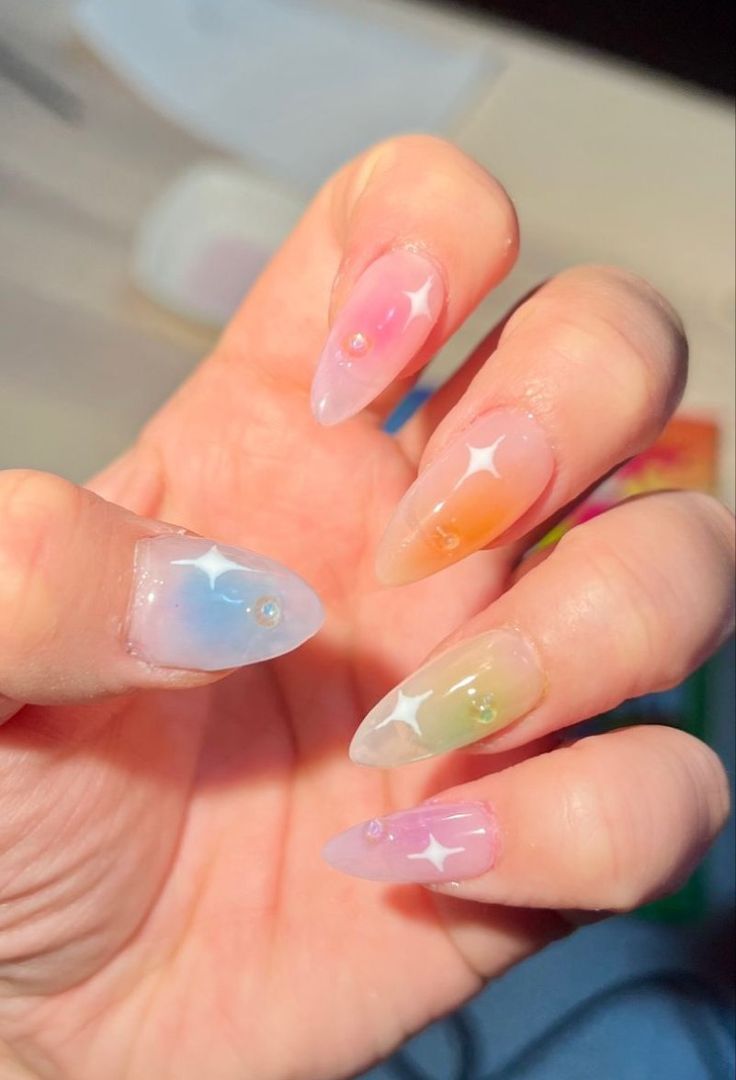 rainbow aura nails with white sparkles Spring House, Nails Green, Summery Nails, Vibrant Nails, Sparkle Nails, Nails Almond, Nails Black, Rainbow Nails, Pastel Nails