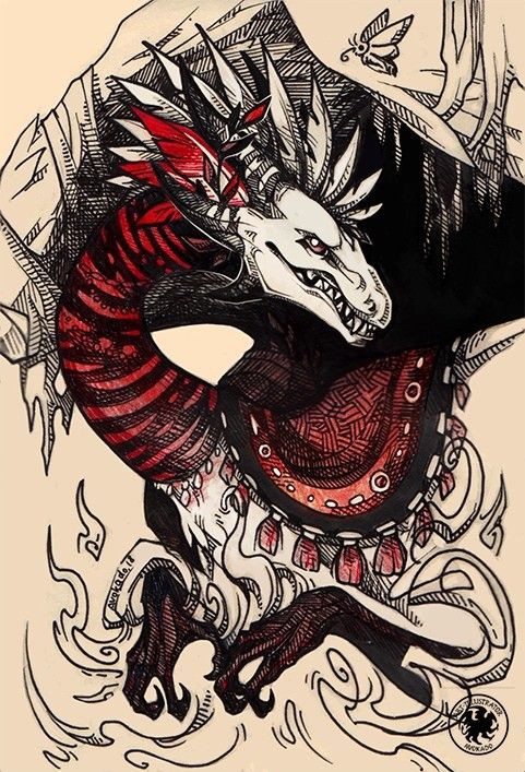 a drawing of a dragon with red and black feathers